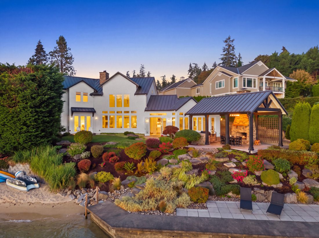 fox island waterfront home, modern farmhouse style, bulk head with outdoor dining area
