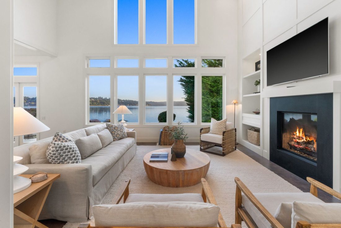 living room in fox island waterfront house with stunning view
